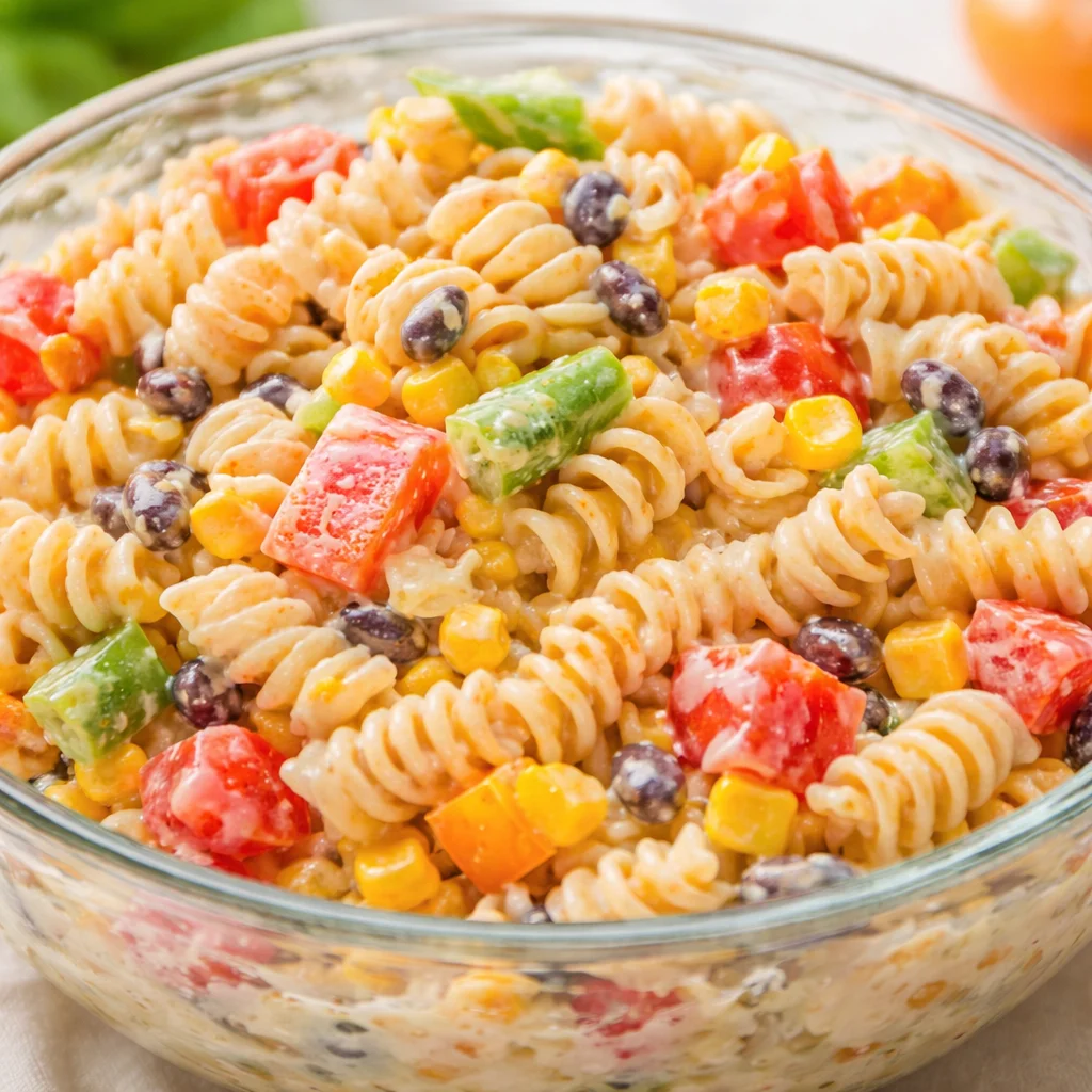 Bowl of creamy ranch taco pasta salad with beans, corn, and cheese.