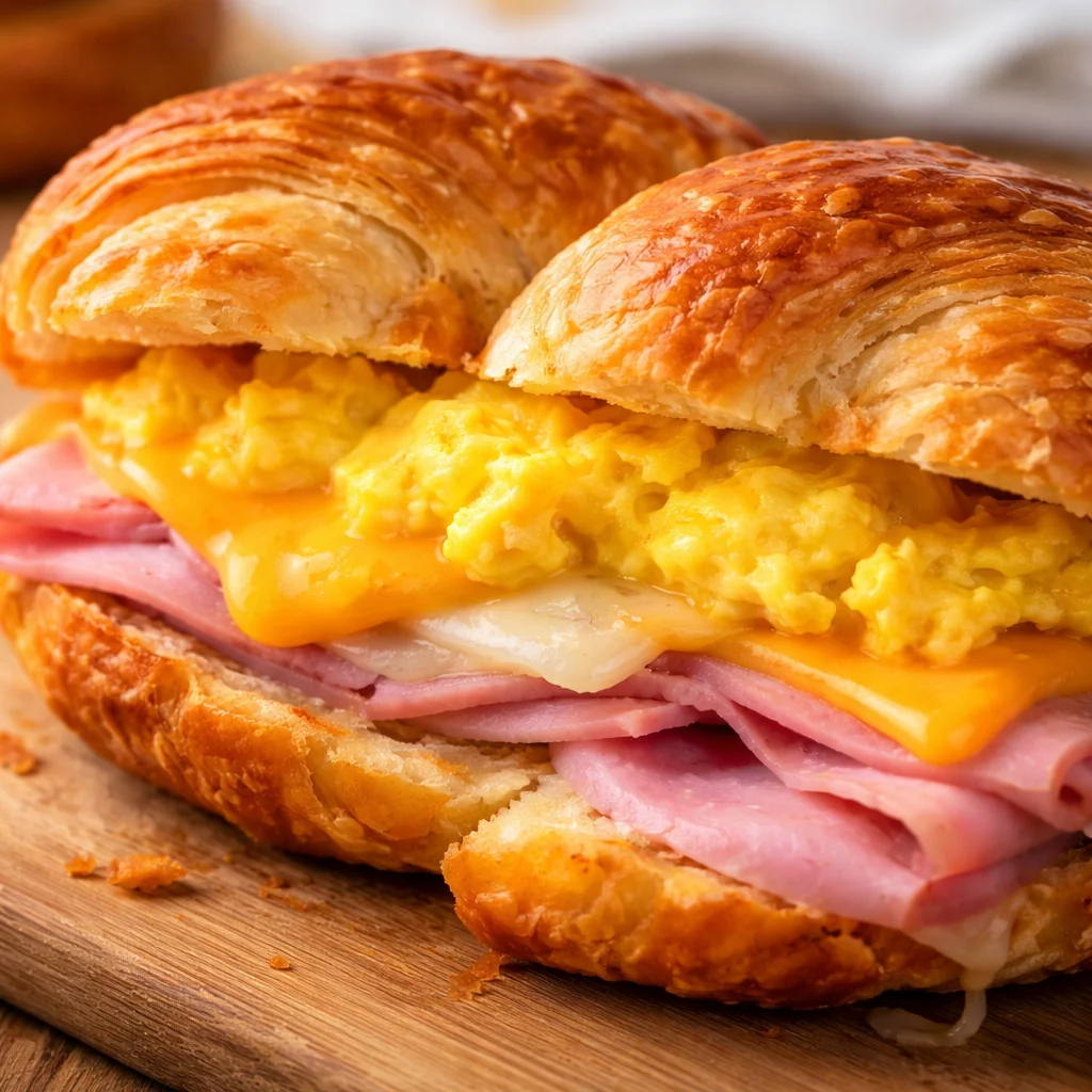 Flaky croissant breakfast sandwiches with bacon, eggs, and cheese stacked high.