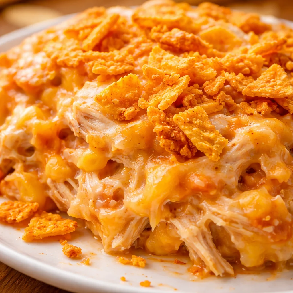 Delicious Doritos Cheesy Chicken Casserole with layers of cheese and crunchy chips.