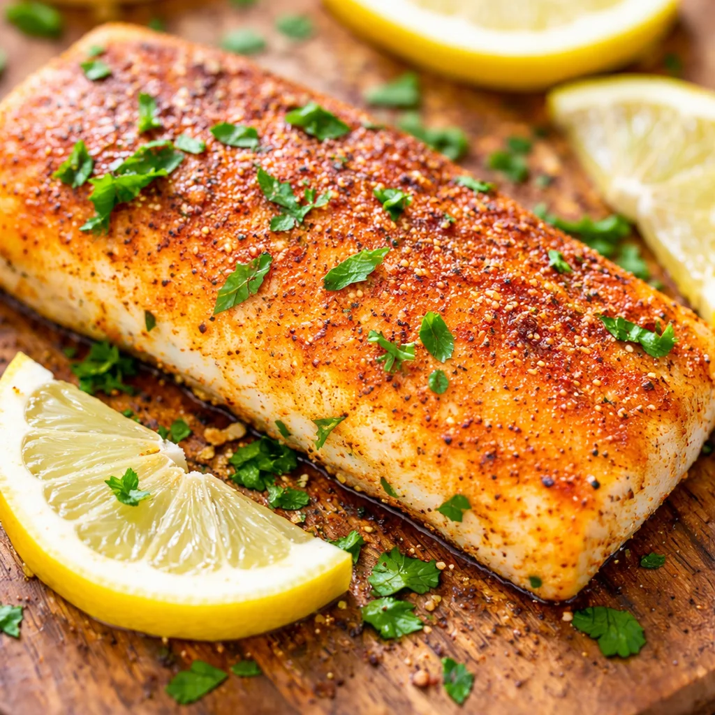 A plate of easy baked lemon pepper fish garnished with fresh lemon slices.