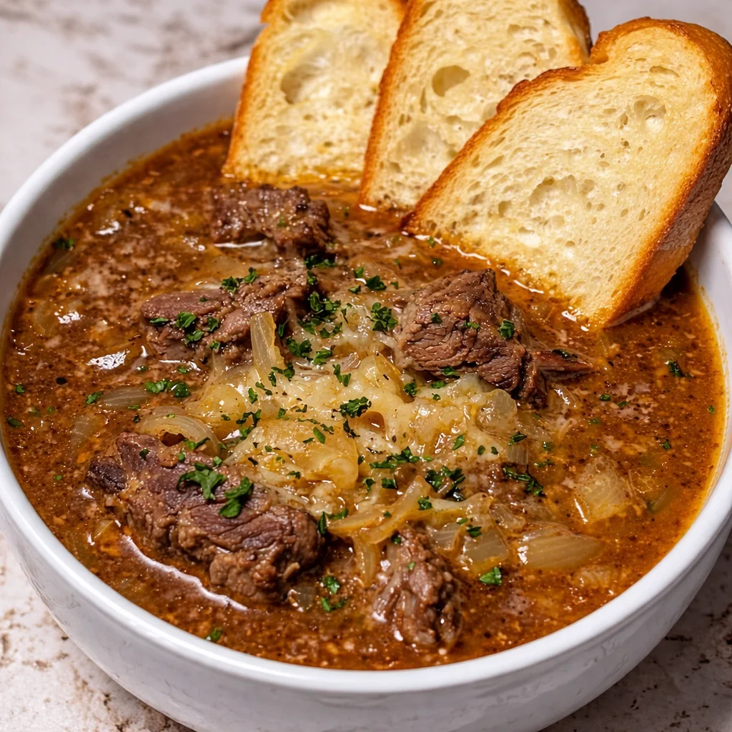 Delicious bowl of French Onion Beef Short Rib Soup with caramelized onions and melted cheese.