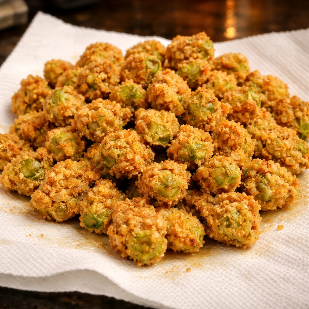 Crispy Fried Okra in Cornmeal served on a plate, golden brown and delicious.