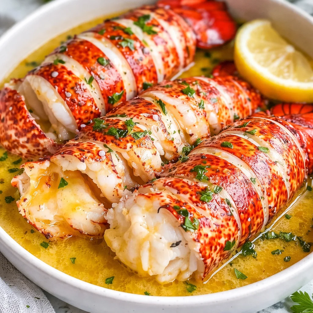 Delicious Garlic Butter Lobster and Scallops served with a side of lemon orzo.