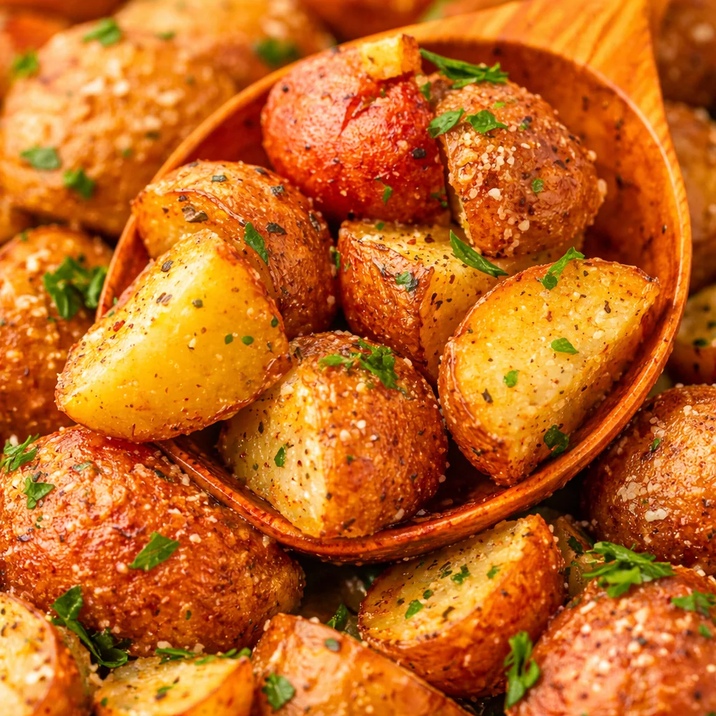 Crispy Garlic Parmesan Roasted Potatoes served as a delicious side dish.