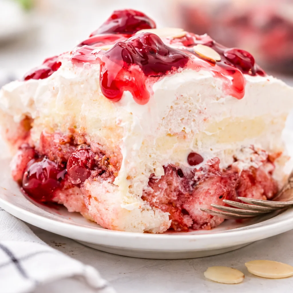 Heaven on Earth Cake with layers of angel food cake, cherry filling, and whipped cream.