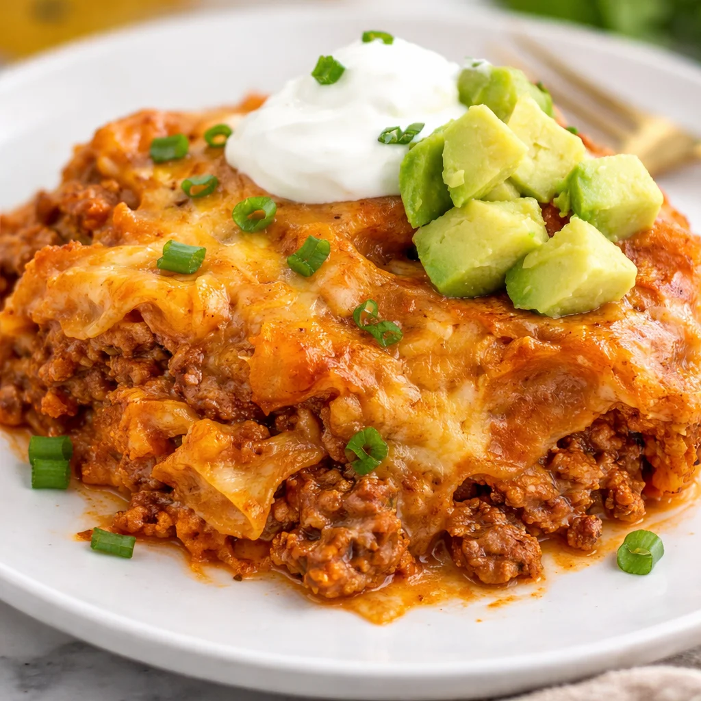 Easy Lazy Enchiladas layered with taquitos, sauce, and cheese in a casserole dish.