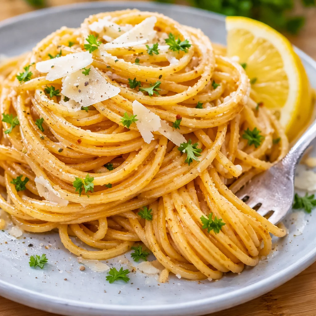 Delicious Lemon Garlic Pasta topped with fresh garlic and lemon zest.