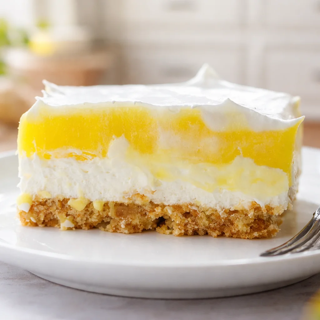 Delicious Lemon Lasagna layers with Lemon Oreo crust, cream cheese, and lemon pudding.