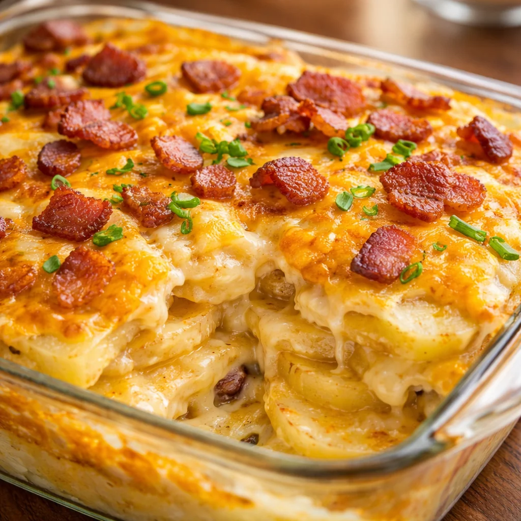 Delicious Loaded Scalloped Potatoes layered with cheese and bacon