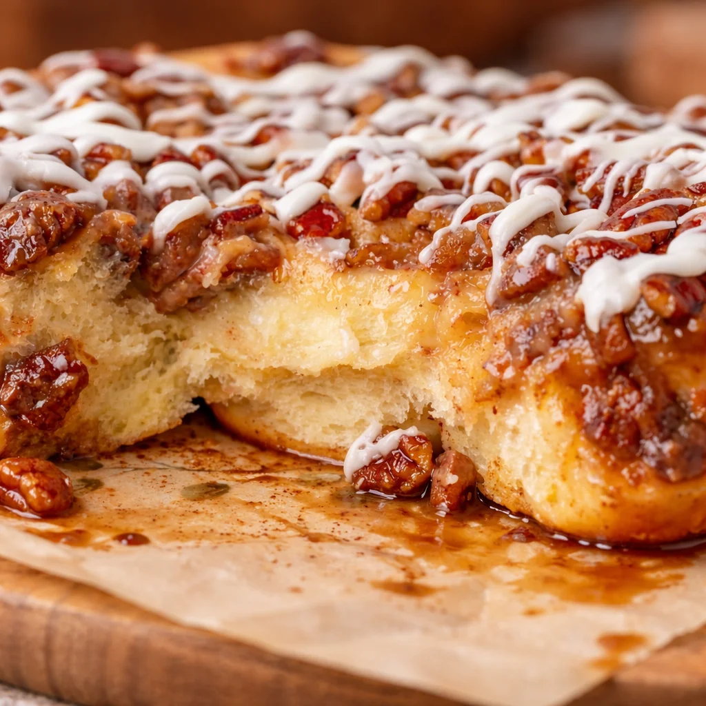 Delicious maple pecan sticky buns topped with gooey caramel and toasted pecans.