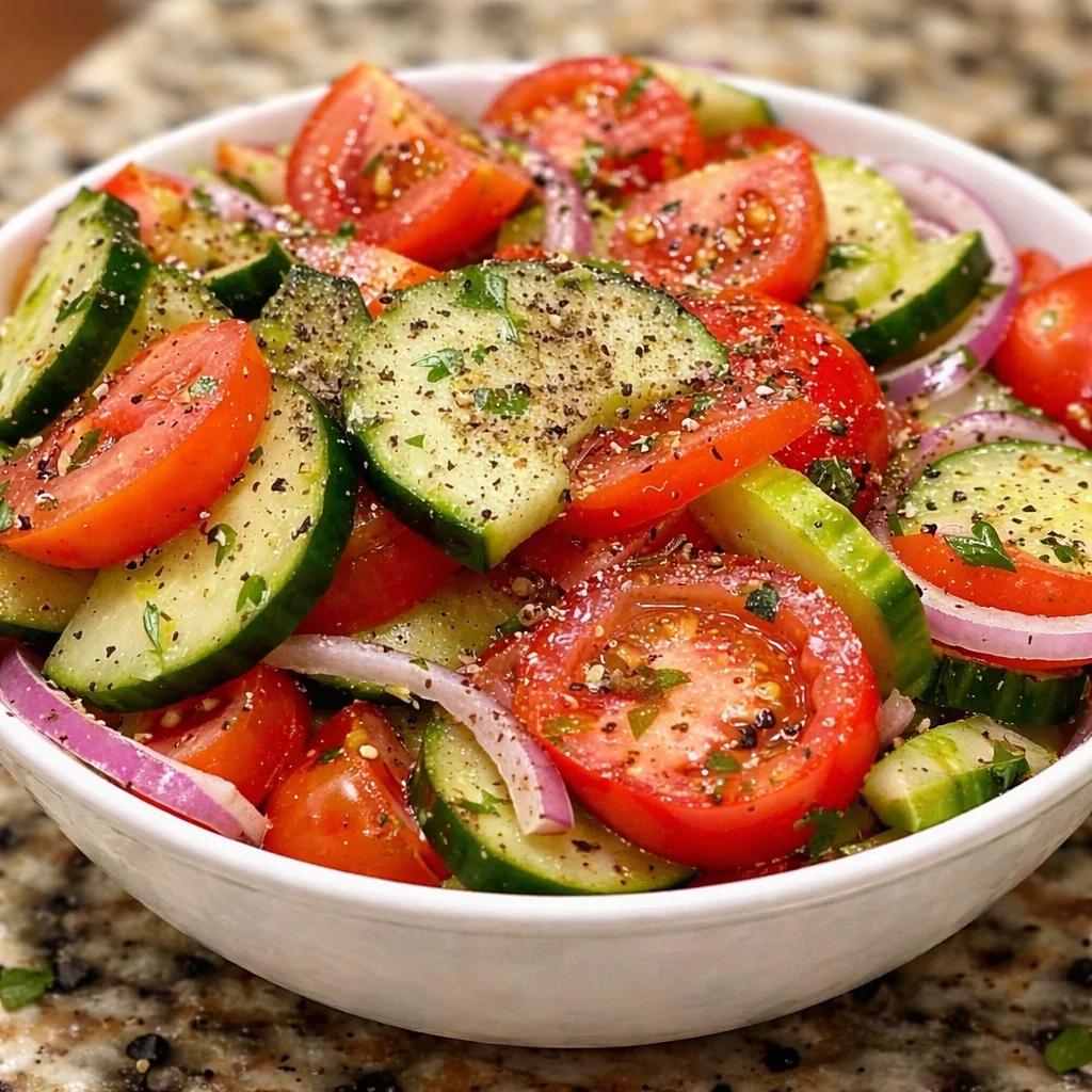 Marinated Cucumbers, Onions, and Tomatoes salad with vibrant colors and fresh ingredients.
