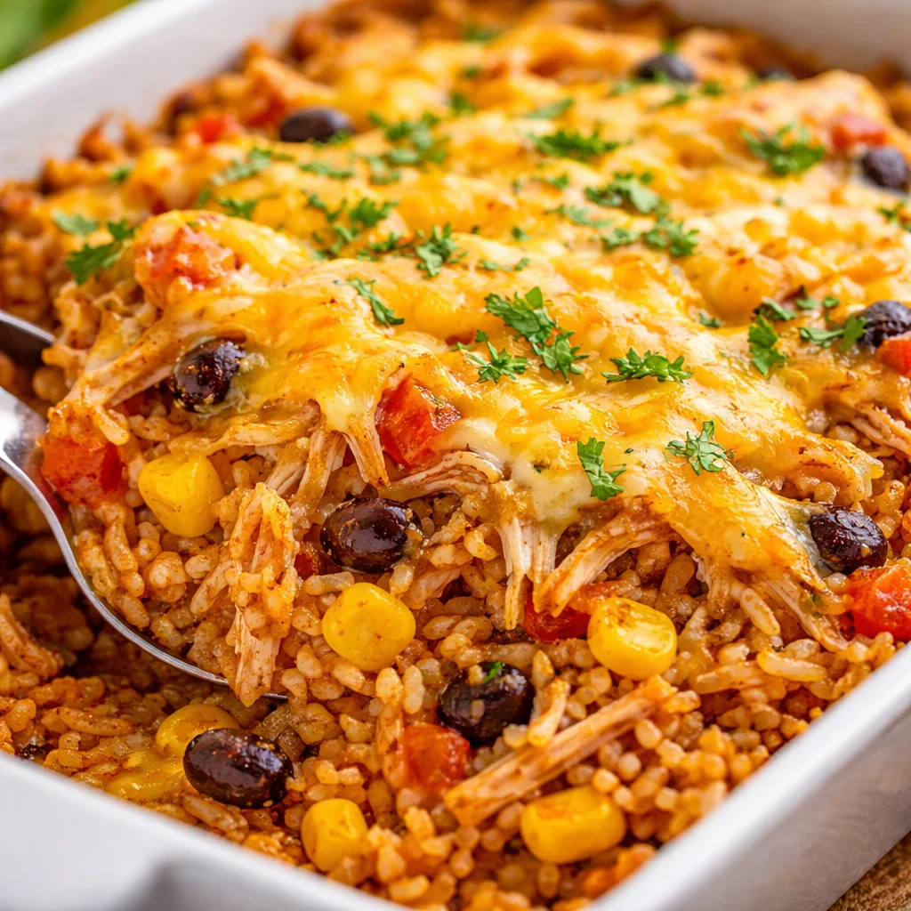 Delicious Mexican Chicken & Rice Casserole topped with cheese, beans, and chicken.