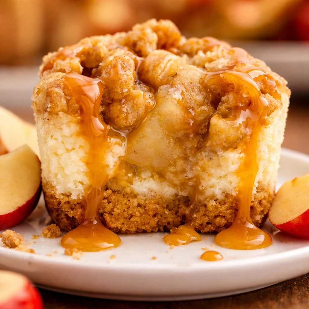 Mini Apple Cheesecakes topped with caramelized apples on a decorative plate.