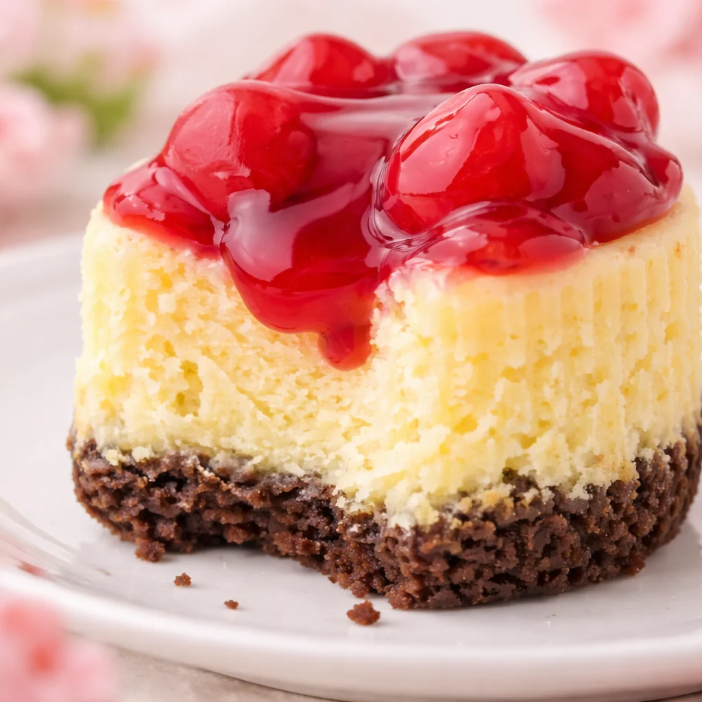 Mini cherry cheesecakes with a cherry topping and vanilla wafer crust.