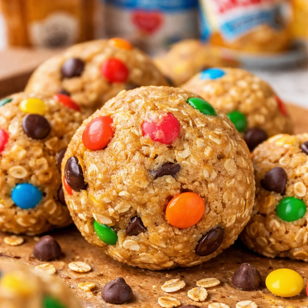 Delicious no-bake monster cookie balls made with oats, chocolate chips, and M&Ms.