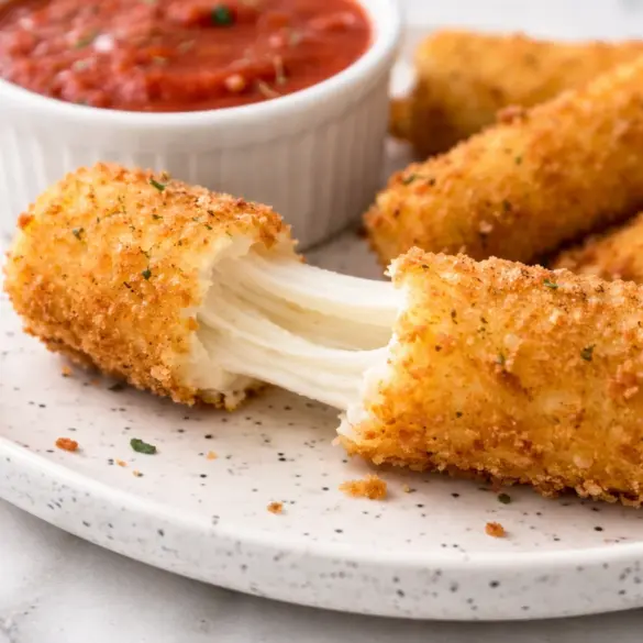 Plate of crispy mozzarella sticks served with marinara sauce for dipping.
