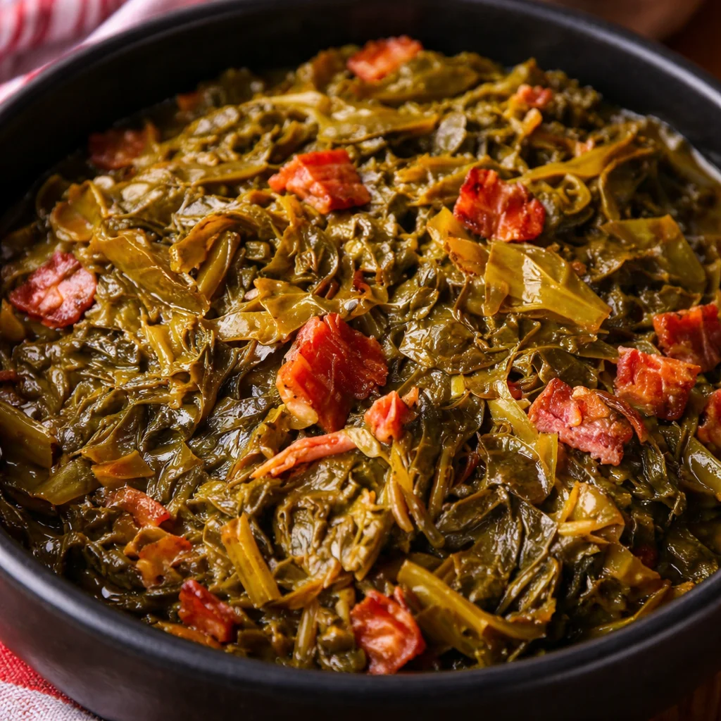 Plate of Southern style Mustard Greens with crispy Bacon.