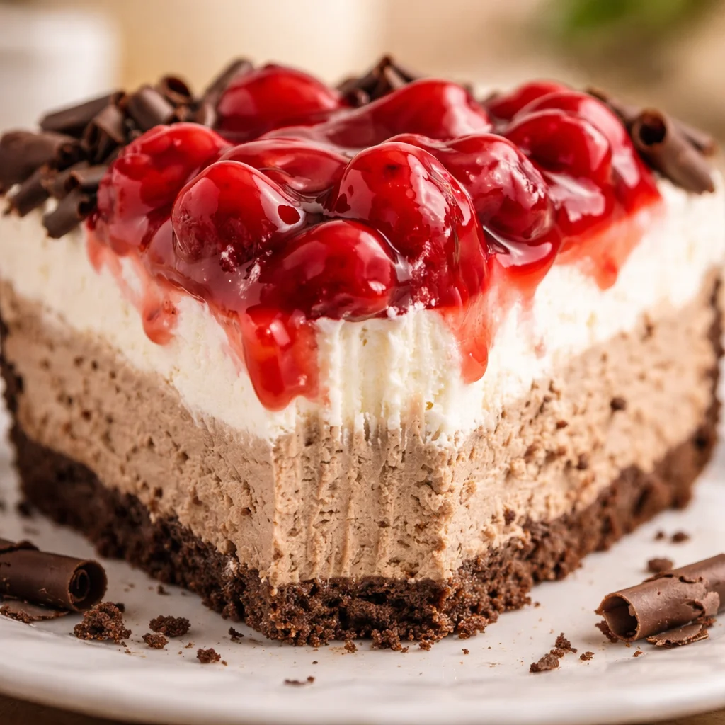 Delicious NO-BAKE CHOCOLATE CHERRY CHEESECAKE with cherry topping and chocolate ganache.