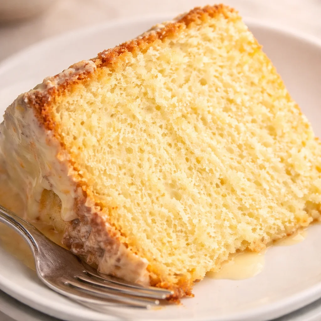 Delicious orange chiffon cake topped with light orange whipped cream on a plate.