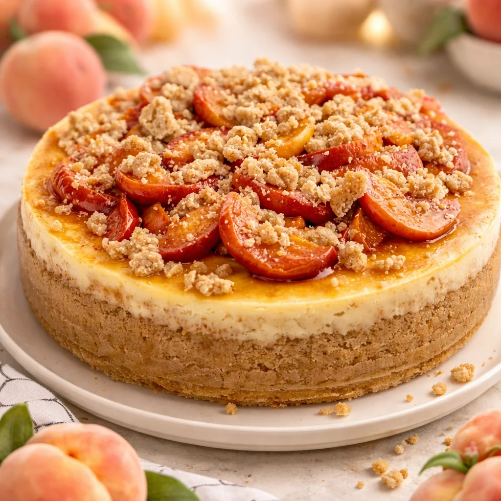 Creamy Peach Cobbler Cheesecake with caramelized peaches and crumble topping