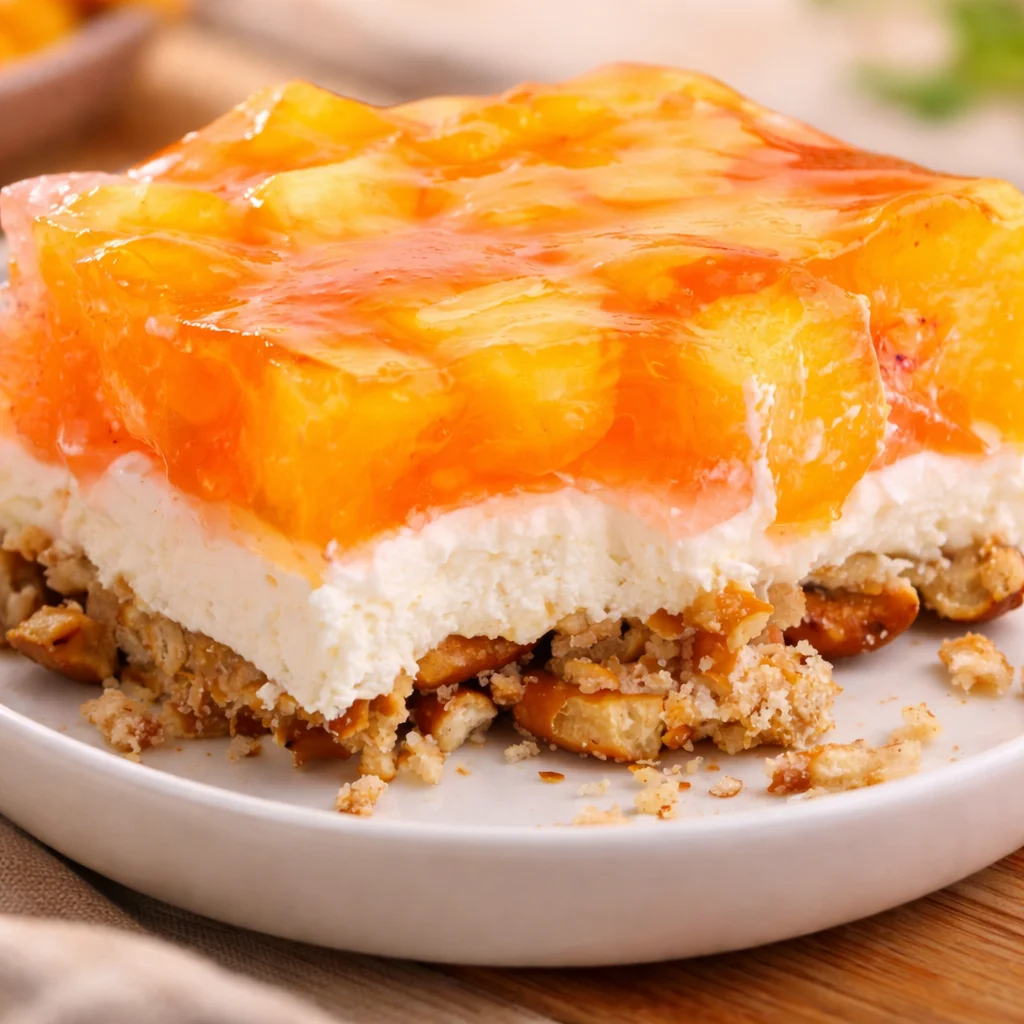 Delicious Peach Pretzel Salad with crunchy crust and creamy peach topping.