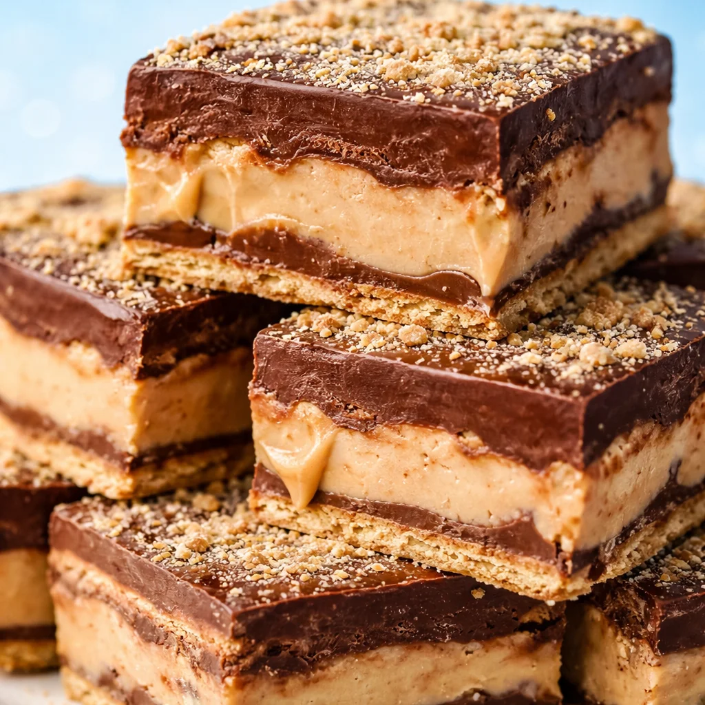 Delicious no-bake chocolate peanut butter squares topped with creamy chocolate.