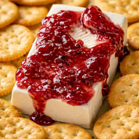Creamy Pepper Jelly Cheese Dip served with crackers, perfect for parties and snacks.