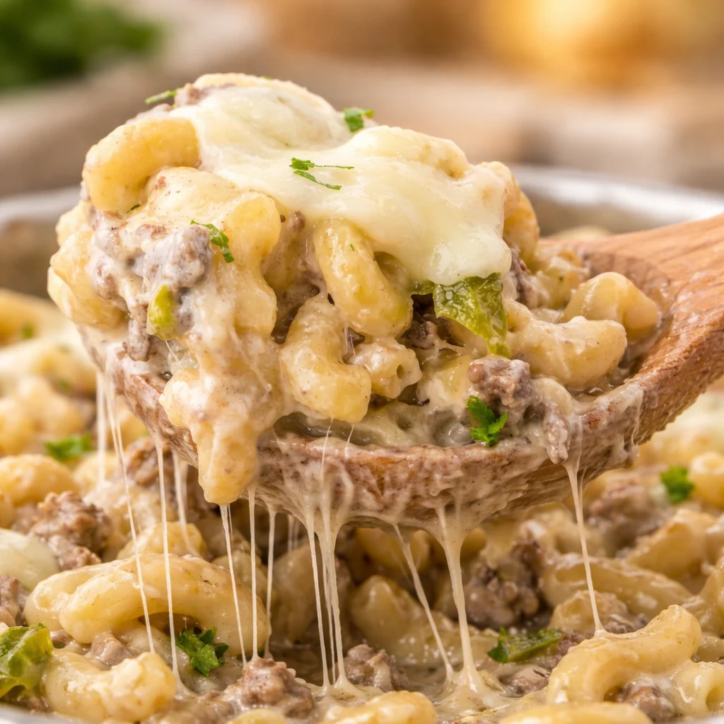 Delicious Philly Cheesesteak Pasta with beef, peppers, onions, and cheese on a plate.