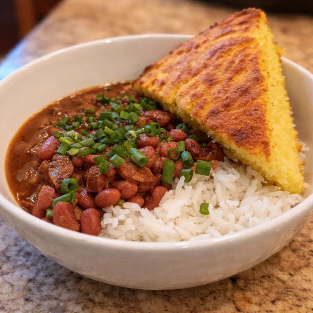 A warm bowl of pinto beans served with crusty cornbread, a classic Southern comfort dish.