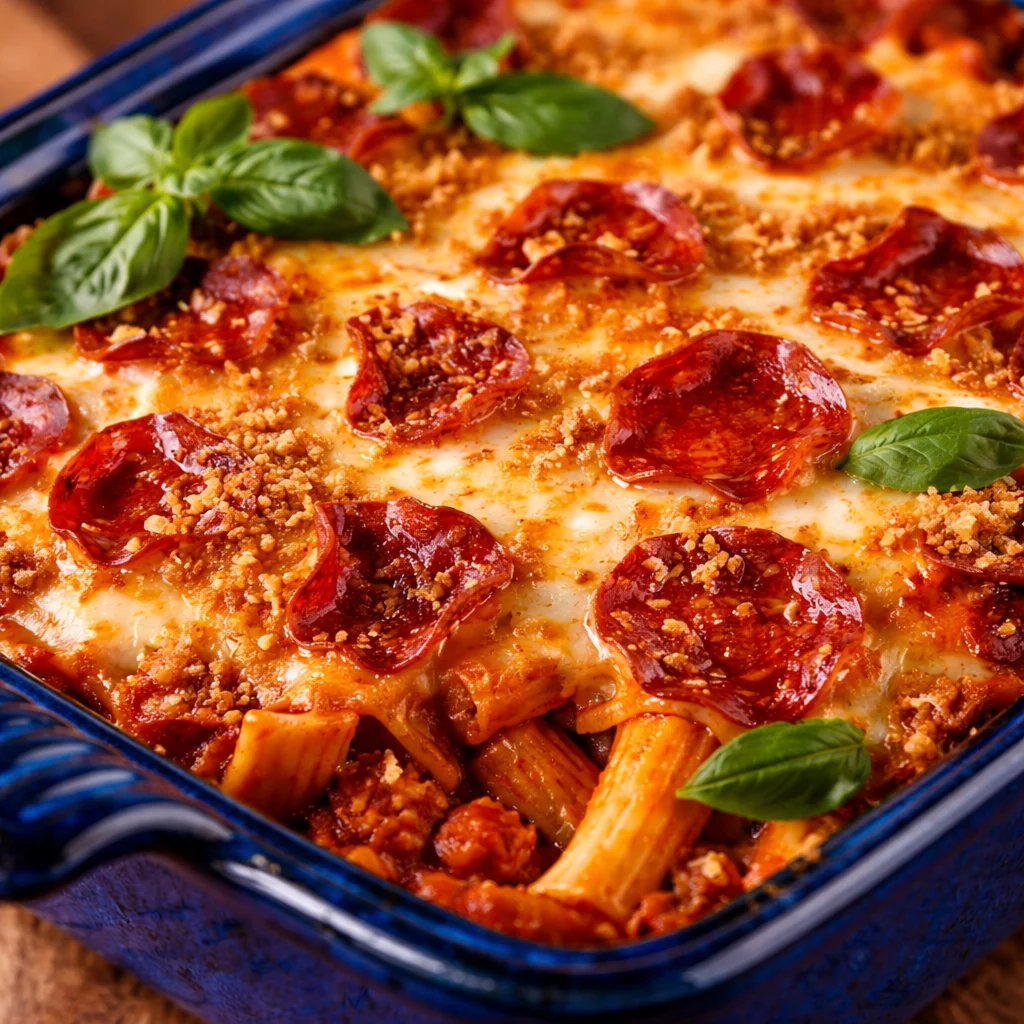 Baked pizza pasta with pepperoni, cheese, and tomato sauce in a creamy rotini pasta dish.