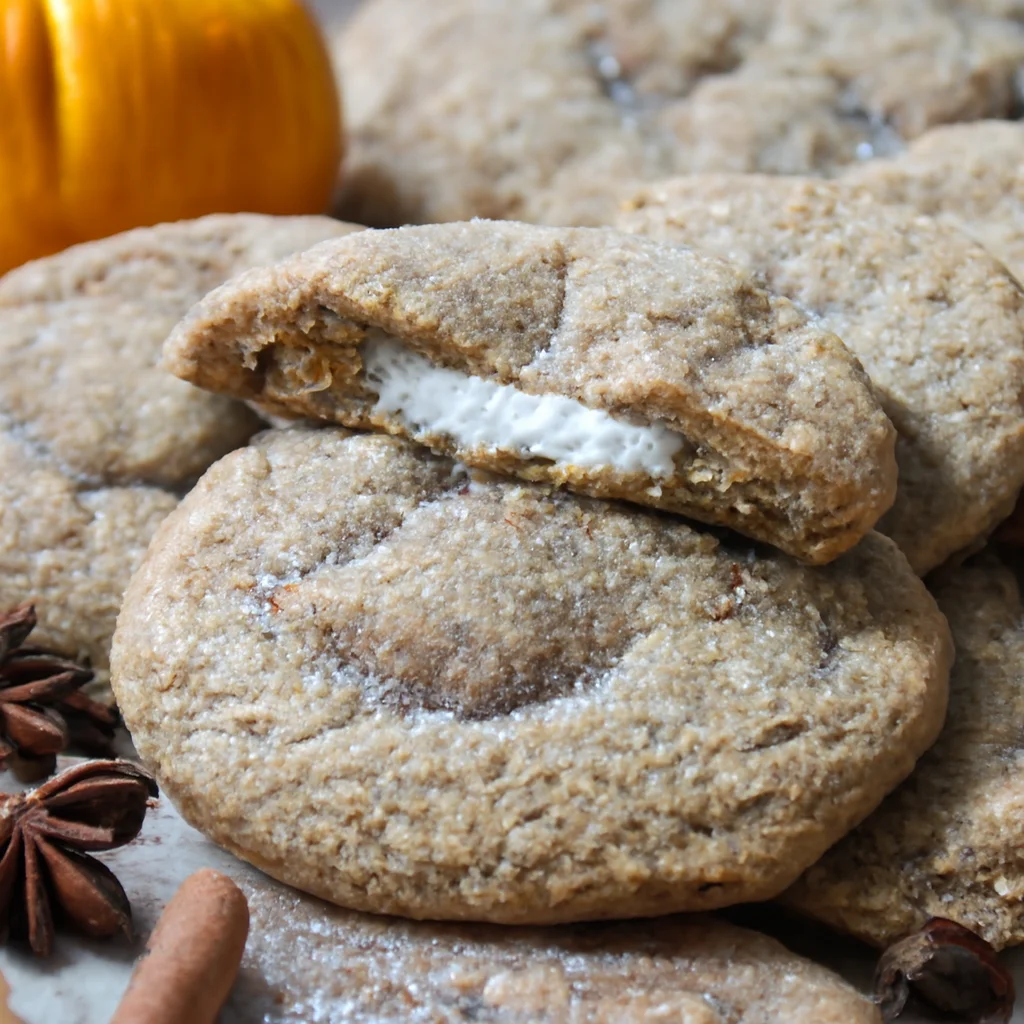 Pumpkin Cheesecake Cookies with creamy filling and cinnamon sugar on top