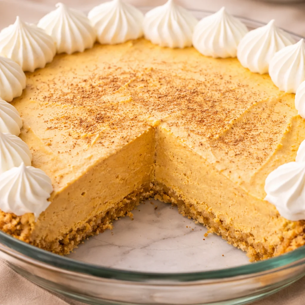 No-Bake Pumpkin Fluff Pie with graham cracker crust and creamy filling