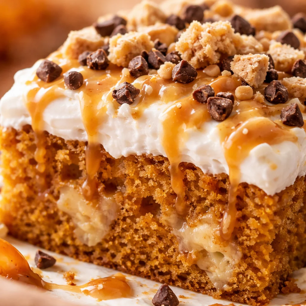 Moist Pumpkin Spice Poke Cake topped with caramel and whipped cream, perfect for fall.
