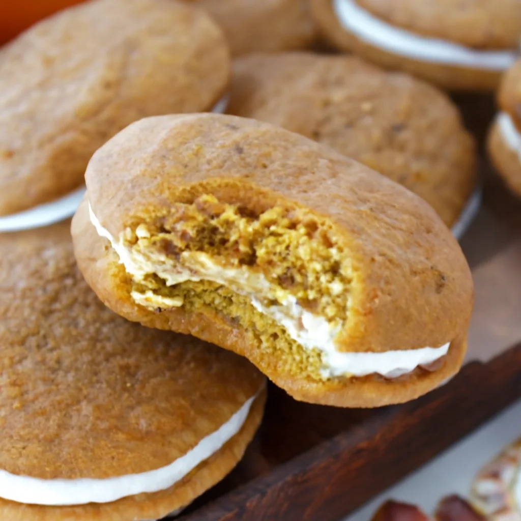 Pumpkin Whoopie Pies filled with cream cheese frosting, perfect fall dessert.