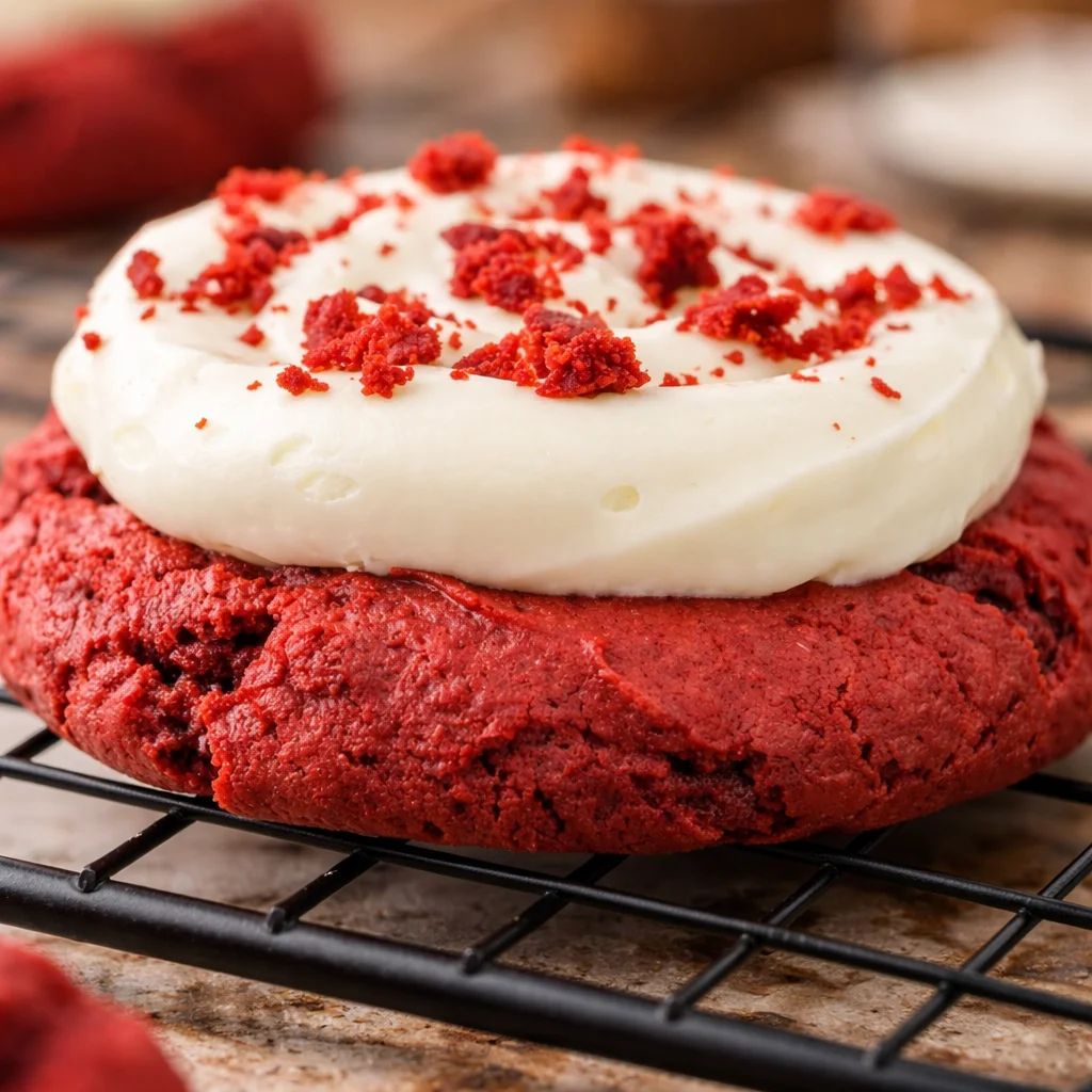 Red Velvet Cookies with crispy edges and chewy centers, featuring white chocolate chips.