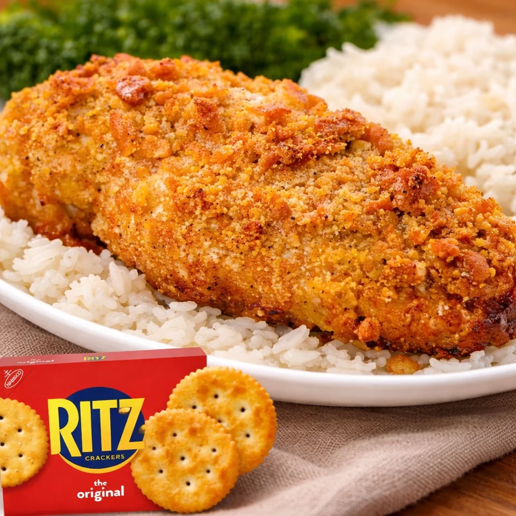 Juicy Ritz Chicken coated with buttery Ritz crackers, baked to crispy perfection.