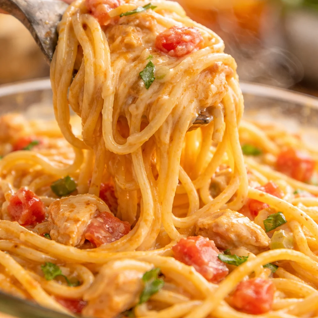 Cheesy Rotel Chicken Spaghetti with tomatoes and chicken, a perfect comfort dish.