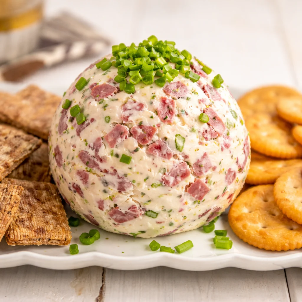 Delicious salami cream cheese ball appetizer with spices and herbs.