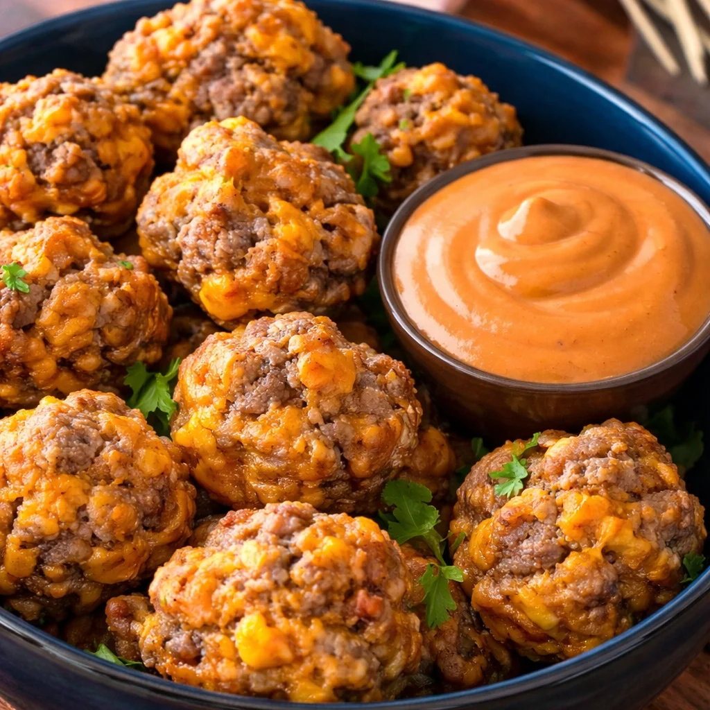 Sausage Balls served with Chipotle Honey Mustard Dip on a white platter.