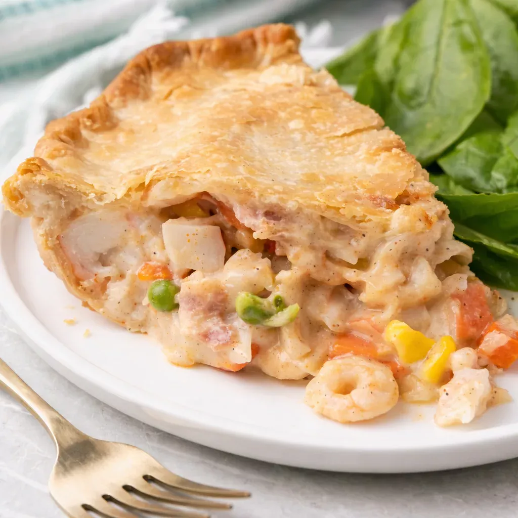 Delicious Seafood Pot Pie with shrimp, crab, and mixed vegetables in a flaky crust.