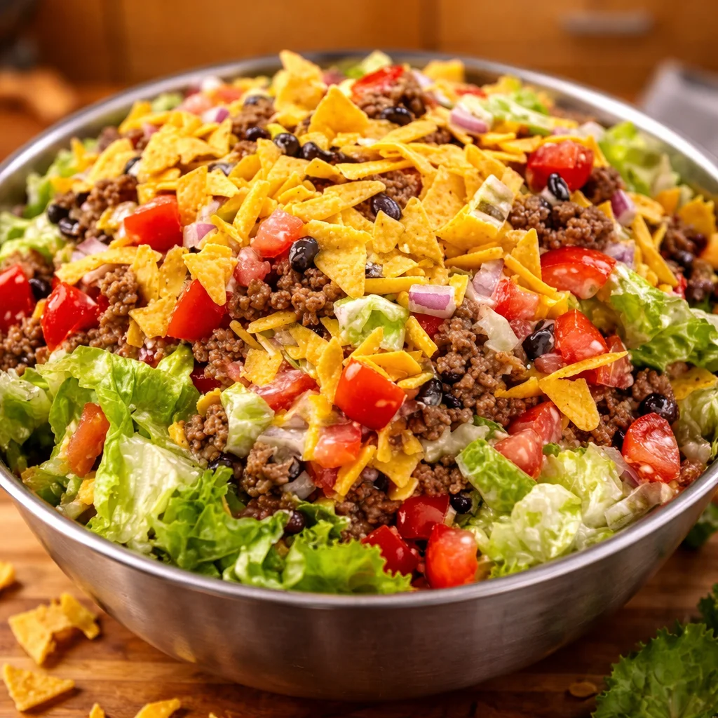 Delicious seven-layer taco salad with fresh ingredients and vibrant colors.