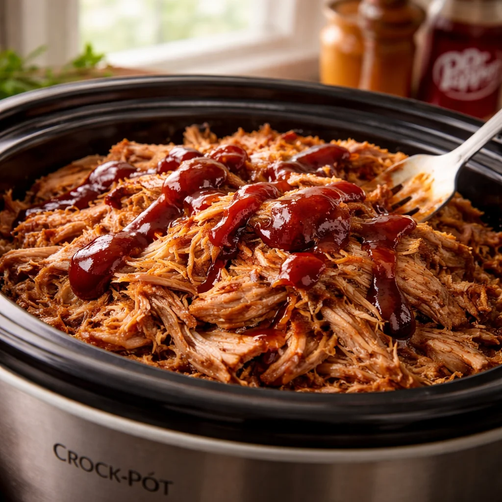 Slow cooker Dr. Pepper pulled pork served in a sandwich with coleslaw.