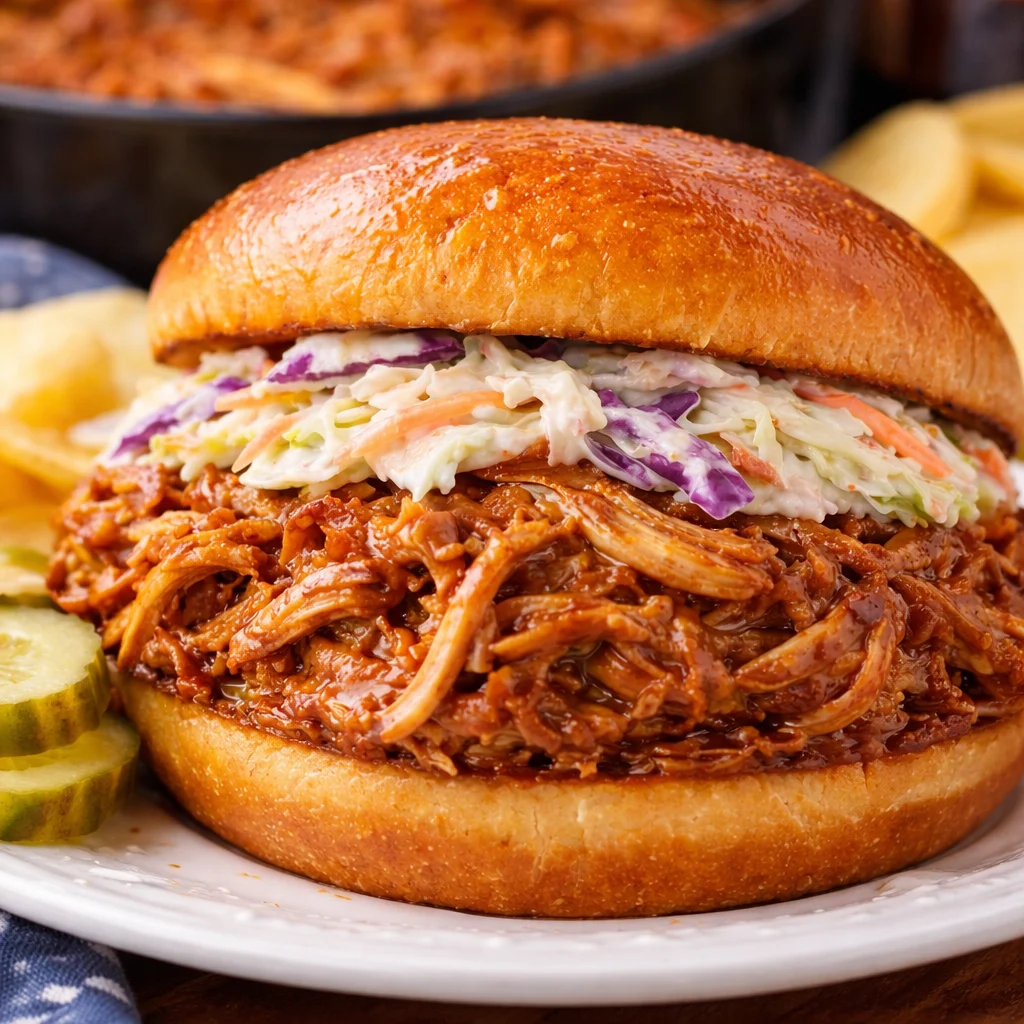 Delicious Slow Cooker Root Beer Chicken served in a bun with barbecue sauce.