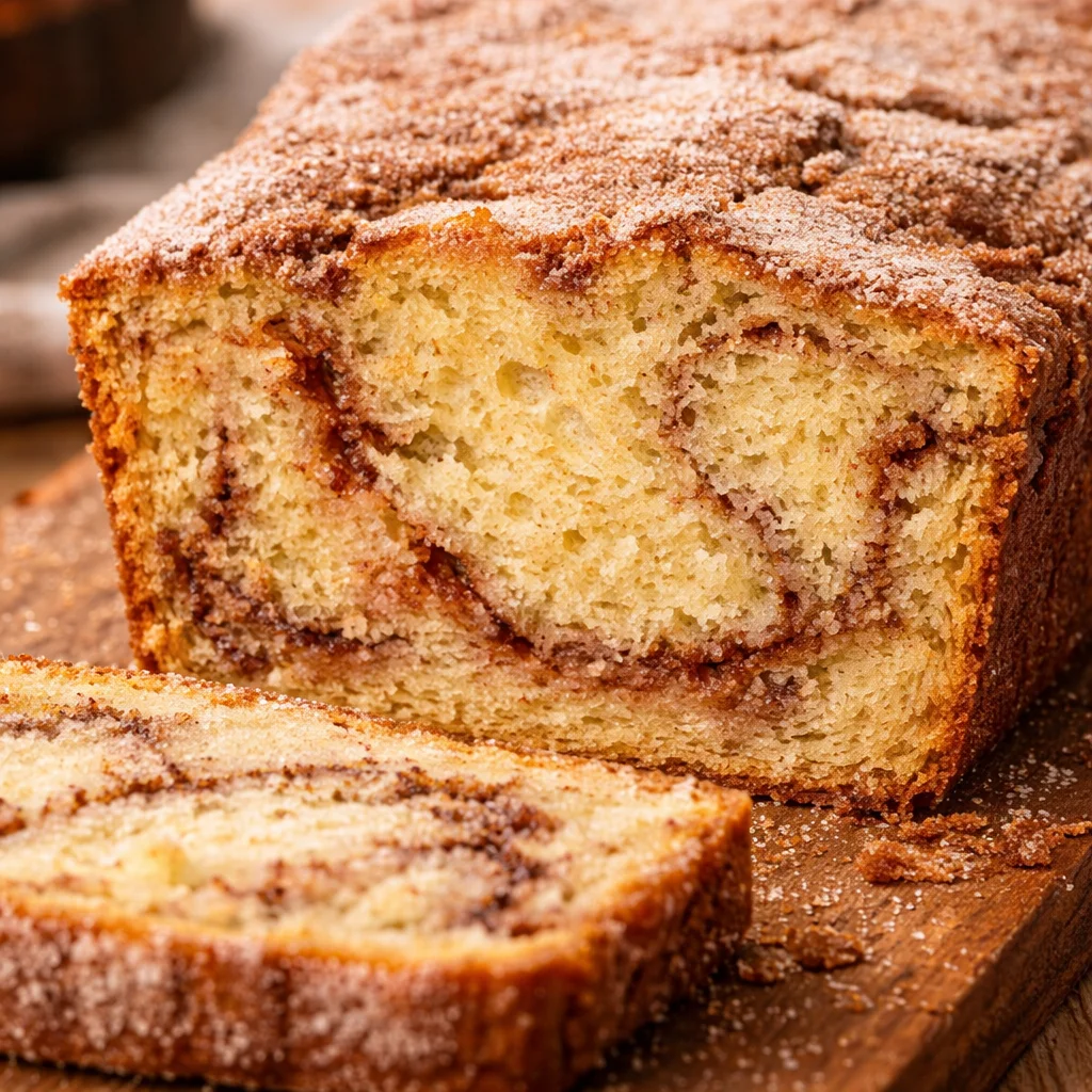 Moist snickerdoodle bread swirled with cinnamon and topped with a cinnamon sugar crust