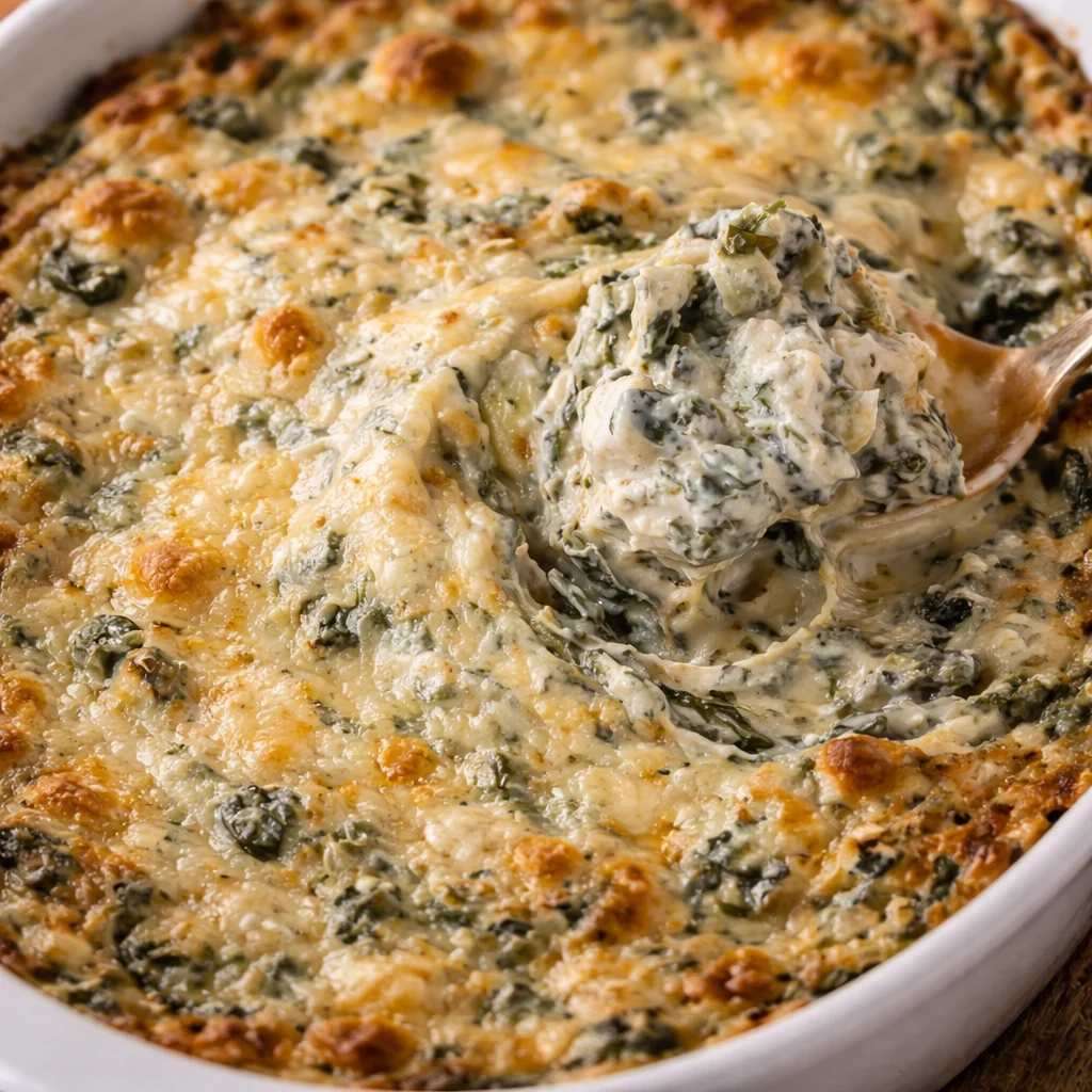Creamy and cheesy spinach artichoke dip served with toasted bread.