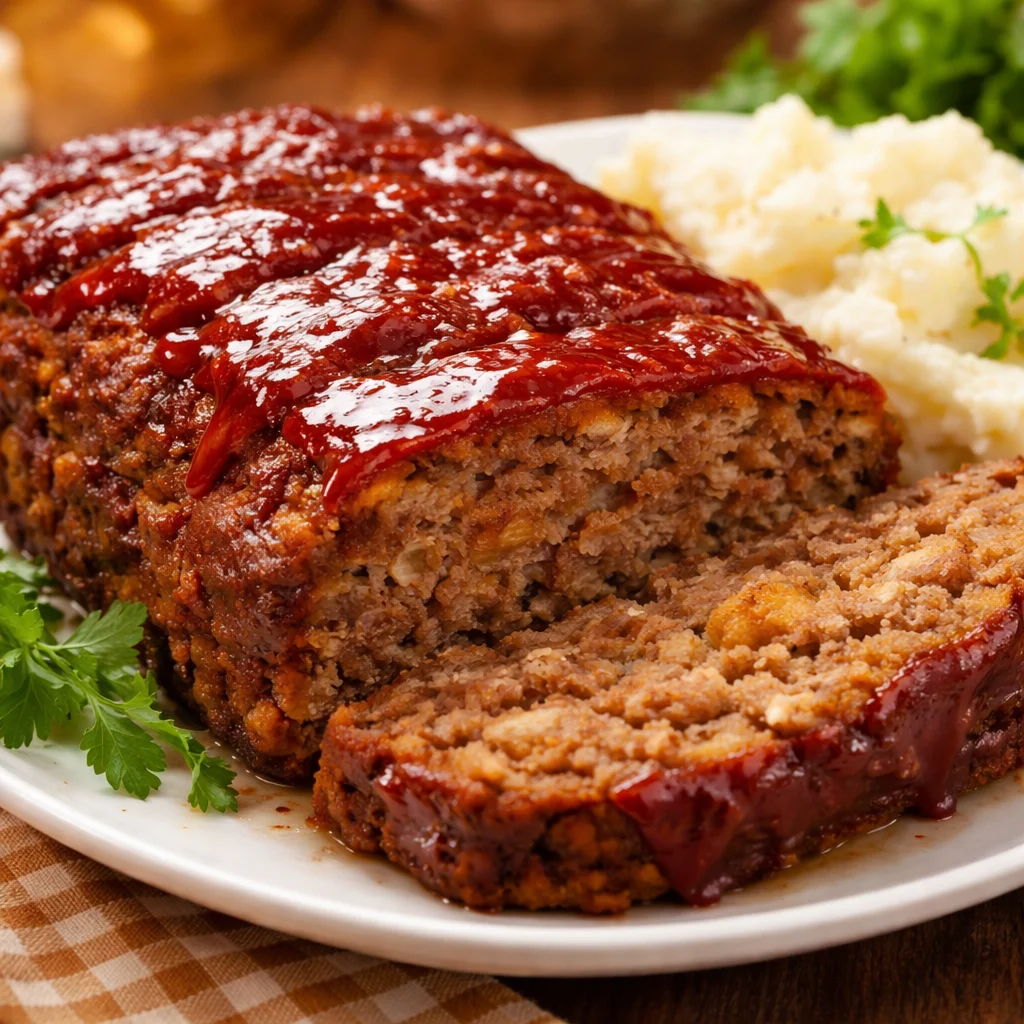 Dish of stove top stuffing meatloaf served with mashed potatoes and vegetables