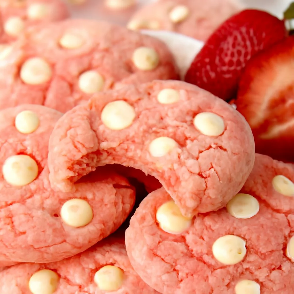 Soft strawberry cake mix cookies with white chocolate chips, perfect for Valentine's Day.