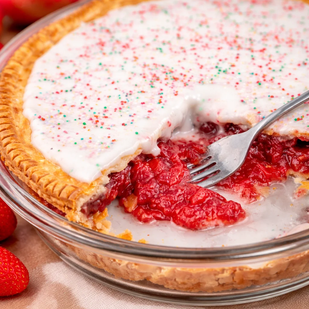 Strawberry Pop-Tart Pie with fresh strawberries, glaze, and rainbow sprinkles.