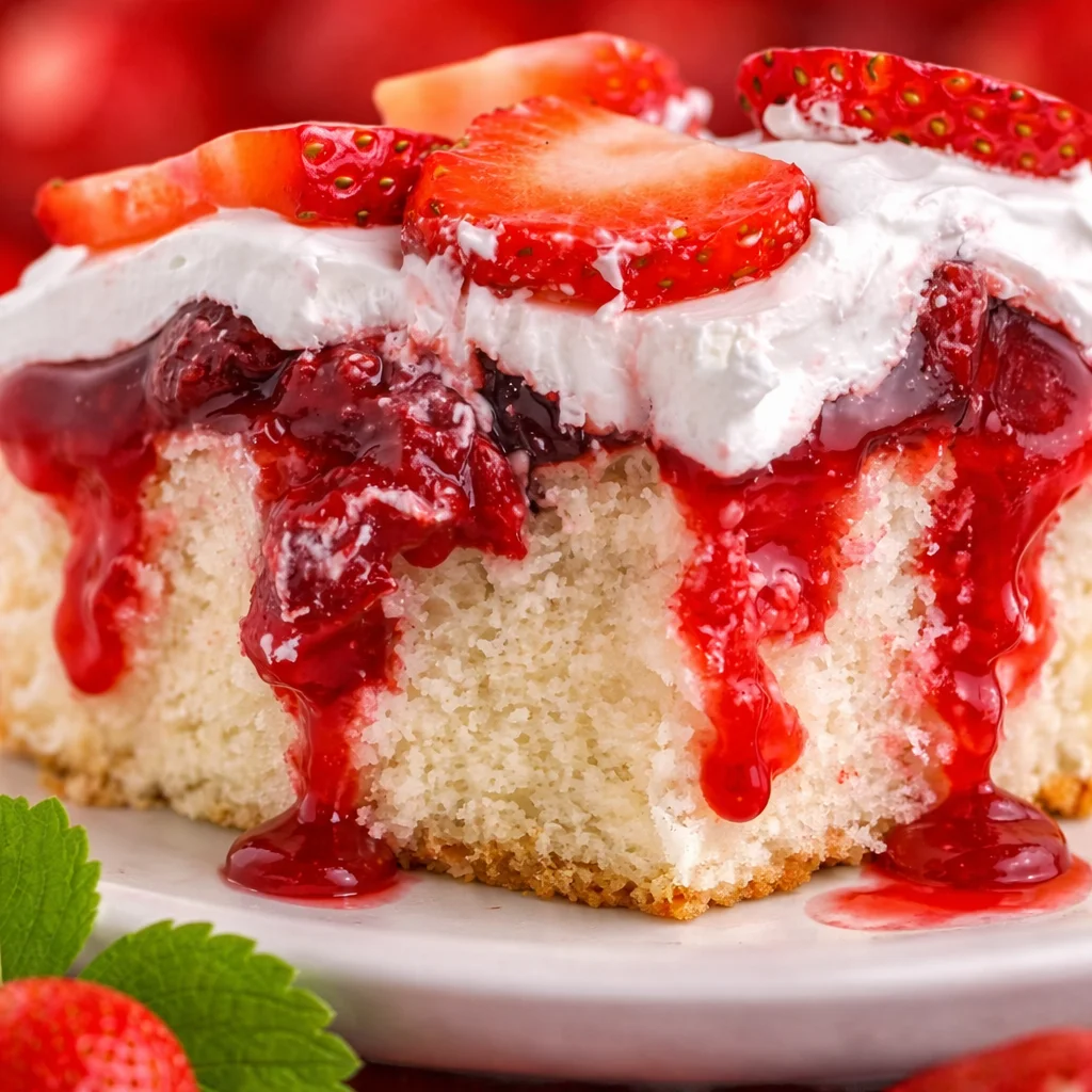 Slice of Strawberry Shortcake Poke Cake with fresh strawberries and whipped cream