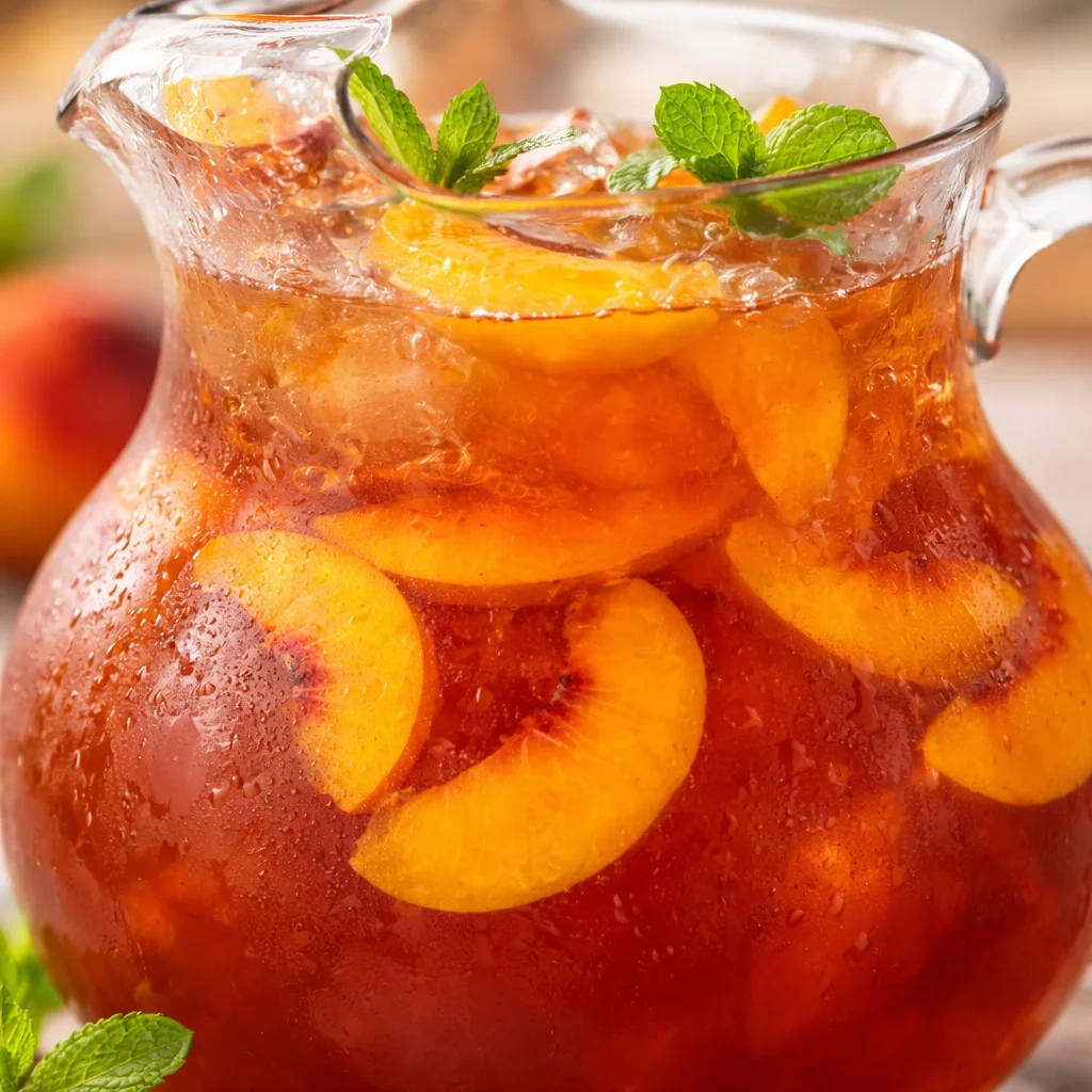 Glass of Sweet Peach Tea with ice and fresh peach slices, perfect for summer refreshment.